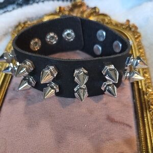 Black Leather Studded Bracelet with Silver Spikes